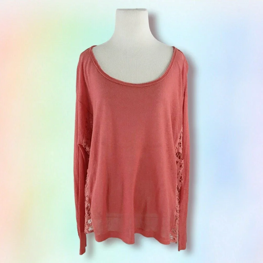 Free People Top‎ S orange/coral oversize sheer lace sides boho Linen Blend mesh
